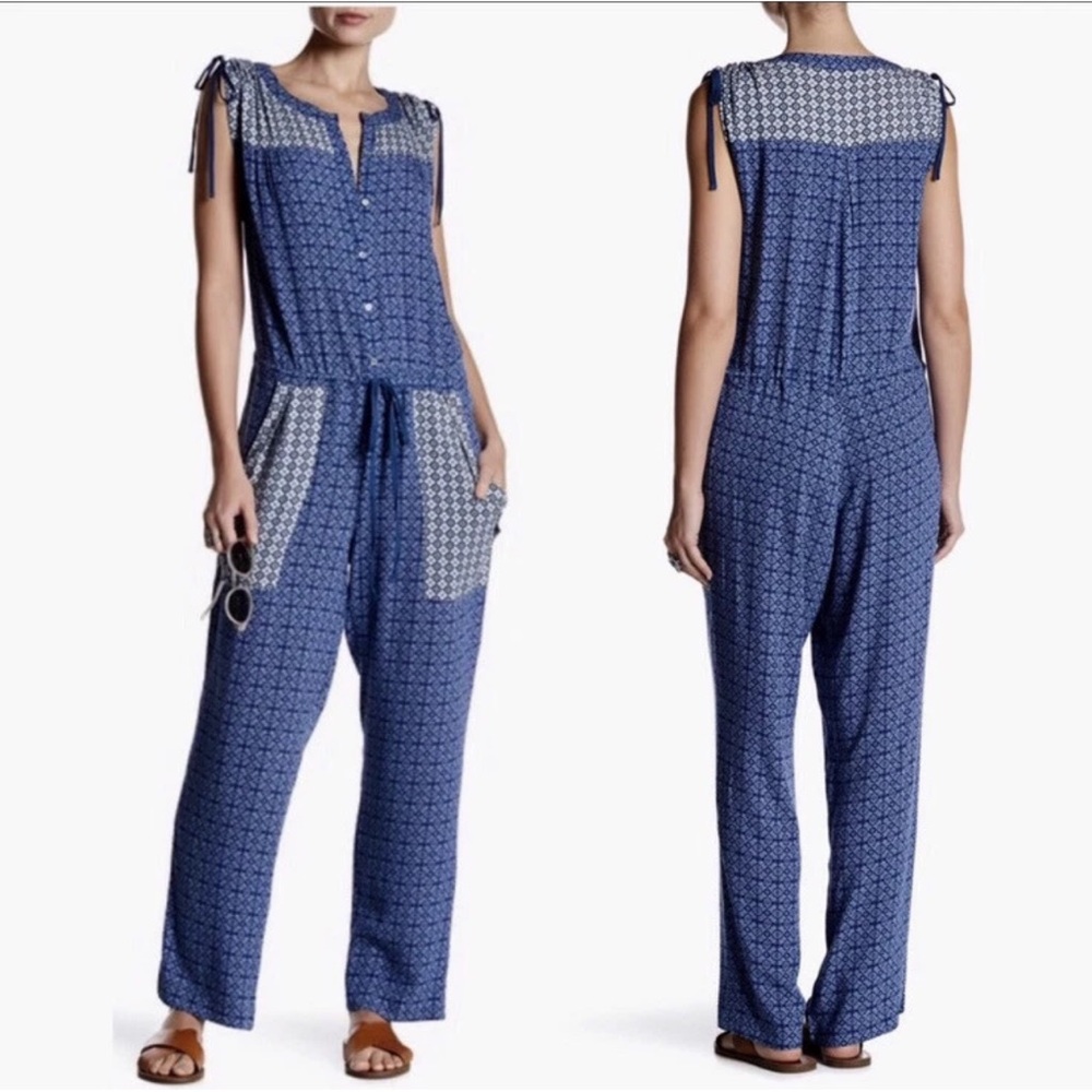Affair by Current Air Womens Jumpsuit Blue Floral Tie Waist Patchwork Size Small